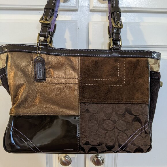 Coach Brown and Gold Patchwork Handbag HO5J-8F69 - Picture 1 of 6